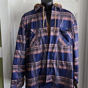 WOMEN'S SIZE 4XL HOODED SHACKET BLUE PLAID & BROWN UNBRANDED